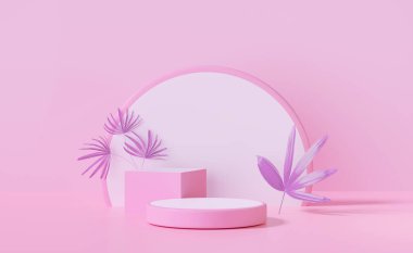 3 boyutlu pembe silindir sahne podyumu. Küp, palmiye yaprağı, soyut geometrik kozmetik vitrin kaidesi pembe arka plan. asgari modern sahne, 3D resimleme 