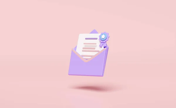 3D紫色开封信封 带有通知信息的字母图标 获奖者奖章 金色质保带 粉红色背景隔离 网上接收电子邮件的概念 3D渲染说明 — 图库照片