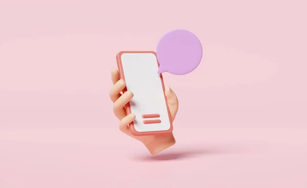3D社交媒体与手持手机 智能手机 聊天泡沫图标隔离粉红背景 在线社交 通信应用 最小模板概念 3D演示 — 图库照片