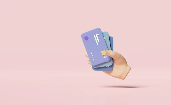3D手はピンクの背景に隔離された青のクレジットカードを保持します 支払い取引 オンラインショッピング 節約お金 ビジネスファイナンス キャッシュレスコンセプト 3Dレンダリングイラスト — ストック写真