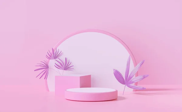 Pink Cylinder Stage Podium Empty Cube Palm Leaf Abstract Geometric — Stok fotoğraf