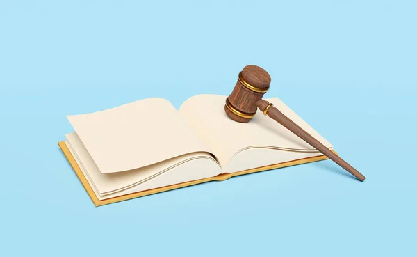 Wooden Judge Gavel Hammer Auction Open Book Isolated Blue Background — Stock Photo, Image