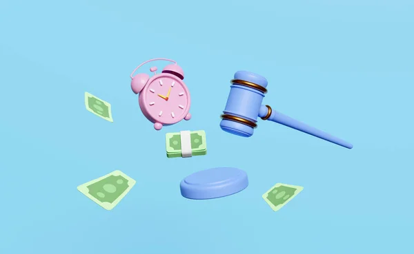 Judge Gavel Hammer Auction Stand Banknote Cartoon Character Alarm Clock — 스톡 사진