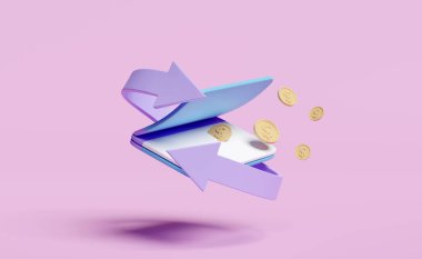 3D banka hesap defteri, oklu hesap defteri, pembe arka planda izole edilmiş dolar parası. transfer, nakit para, tasarruf, mali iş, bankacılık ödemesi, asgari konsept, 3D resimleme