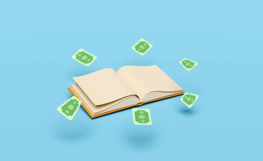 Mavi arka planda açık bir kitap bulunan 3D para banknotu. Eğitim, bilgi fikirler yaratır, eğitim gelir konsepti, üç boyutlu resimleme 