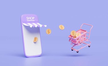 3D mor cep telefonu, önünde mağaza önü olan akıllı telefon, alışveriş arabası, sepet, mor arka planda izole edilmiş bozuk paralar. Çevrimiçi alışveriş, asgari konsept, 3D resimleme