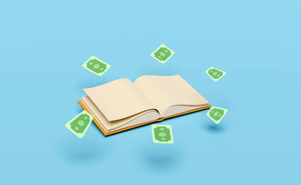Банкнота Деньги Открытой Книгой Изолированы Синем Фоне Образование Знания Создает — стоковое фото