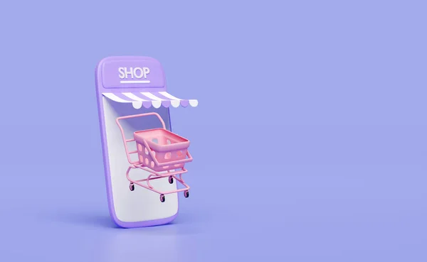 3D紫の携帯電話 店のフロント ショッピングカート バスケット紫色の背景に隔離されたスマートフォン オンラインショッピング最小限のコンセプト3Dレンダリングイラスト — ストック写真