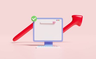 Ok grafiği, işaret, boş arama çubuğu olan 3D bilgisayar simgeleri pembe arkaplanda izole edildi. Çevrimiçi alışveriş, tasarruf parası, web gezisi, iş büyümesi, şablon, 3d resimleme