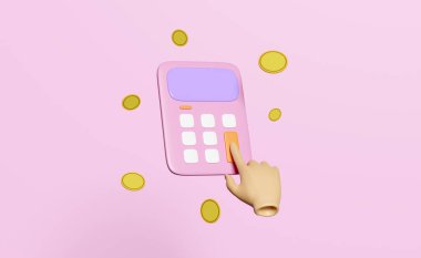 Pembe arka planda izole edilmiş muhasebe finansmanı için madeni para içeren pembe hesap makinesi simgesi kullanan 3D el. asgari konsept 3d görüntüleme 