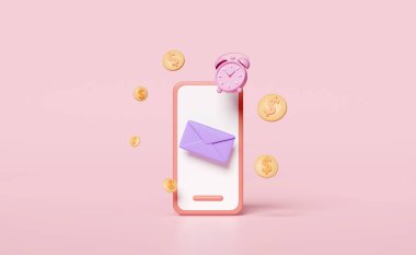 3D cep telefonu, zarflı akıllı telefon, uyandırma saati, pembe arka planda izole edilmiş bozuk paralar. Haber bülteni, gelen çevrimiçi e- posta, 3D resimleme