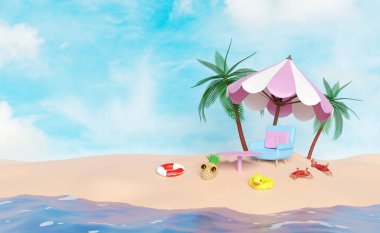 Kanepe sandalyesi, palmiye ağacı, can simidi, deniz kenarı, ananas, sarı ördek, yengeç, güneş gözlüğü, plaj, mavi gökyüzü arka planında izole edilmiş şemsiye. 3d resimleme