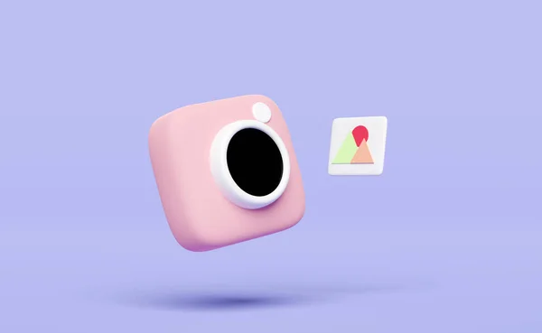 3D粉色照相相机图标隔离在紫色背景 极小概念 3D渲染说明 — 图库照片