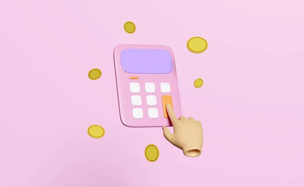 Main Utilisant Icône Calculatrice Rose Avec Des Pièces Monnaie Pour — Photo