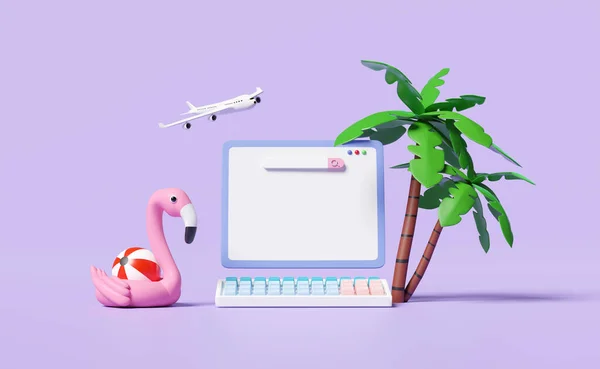 Laptop Computer Monitor Met Blanco Zoekbalk Palmboom Opblaasbare Flamingo Vliegtuig — Stockfoto