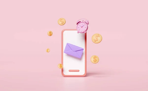 3d mobile phone, smartphone with  envelope, alarm clock wake-up time, coins isolated on pink background. notify newsletter, online incoming email, 3d render illustration