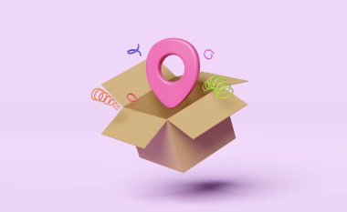 Pembe arka planda izole edilmiş karton kutulu 3D pim. Hızlı dağıtım konsepti, 3D resimleme