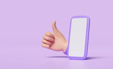 3D cep telefonu, mor arka planda izole edilmiş baş parmaklı akıllı telefon. çevrimiçi alışveriş sertifikası, asgari konsept, 3D resimleme