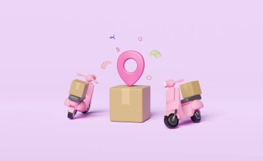 Çevrimiçi dağıtım ya da online sipariş izleme şifresi 3D konsepti, hızlı paket mobilet ve karton kutuyla birlikte pembe pastel arka planda izole edilmiş. 3d resimleme
