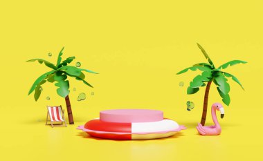3D silindir sahne podyumu yaz plajı, sandalye, şişme flamingo, palmiye ağacı, sarı arka planda izole edilmiş su sıçraması. Alışveriş yaz satışı konsepti, 3D resimleme