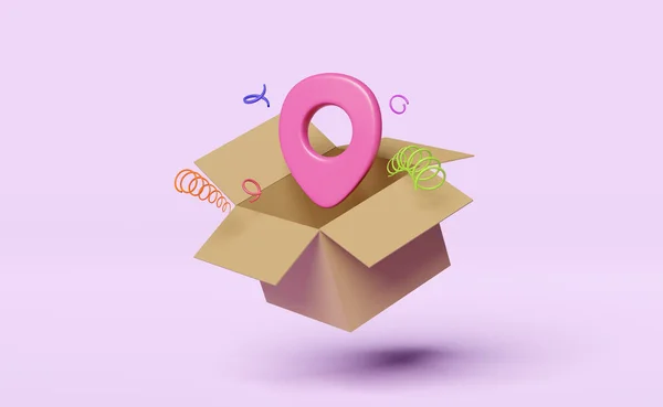 销3D与开放的货物纸板箱隔离粉红色背景 速递概念 3D渲染说明 — 图库照片