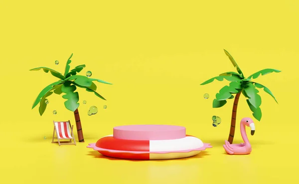 3D圆筒舞台平台空荡荡的夏季海滩 充气火烈鸟 棕榈树 水花隔离在黄色背景 购物夏季销售概念 3D渲染说明 — 图库照片