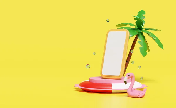 Mobile Phone Smartphone Cylinder Podium Inflatable Flamingo Palm Tree Lifebuoy — Stock Photo, Image