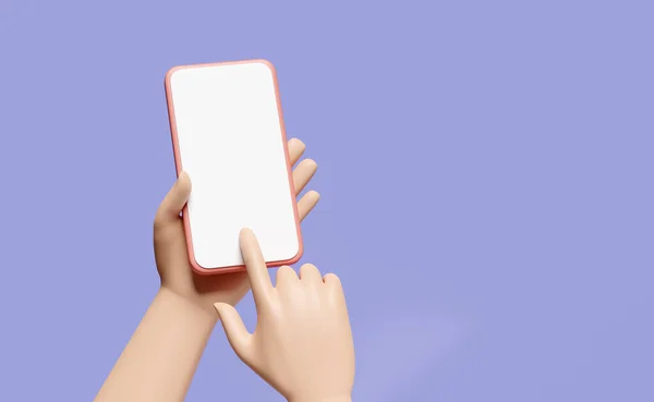 3D手使用手机 隔离在紫色背景 手持智能手机屏幕模板 空屏幕手机模型 最小概念 3D渲染示例 — 图库照片
