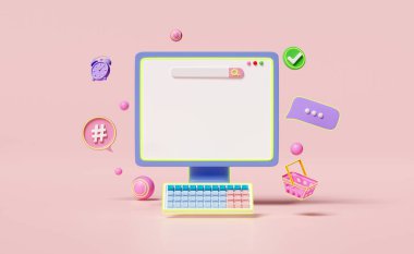 Bilgisayar monitörlü sosyal medya 3D, sohbet baloncukları, pembe arka planda izole edilmiş kontrol işaretleri. seo iletişim uygulamaları, çevrimiçi sosyal, şablon konsepti, 3D resimleme