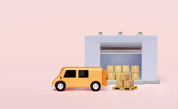 building warehouse 3d with truck, orange delivery van, goods cardboard box, pallet, truck isolated on pink background. logistic service concept, 3d render illustration