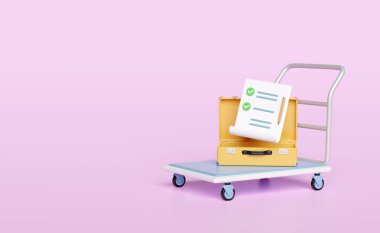 3D havaalanı tramvayı, tramvay, pano, kontrol listesi, kontrol, liste, pembe arka planda izole edilmiş kalem ikonu.