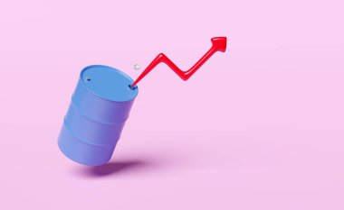 Arkasında mavi yağ varili simgesi olan 3D ok grafiği. Petrol endüstrisi, petrol piyasası, 200 litre petrol tankı konsepti, 3D resimleme