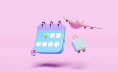 Bavul, uçak, işaretli simgeler, işaretli tarih, pembe arka planda izole edilmiş uyarı çanı uçuşlu 3D takvim. Program randevusu, yaz seyahati, seyahat konsepti, 3D resimleme 