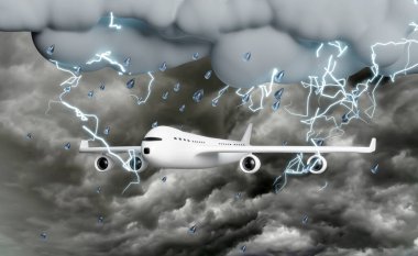 Bulutlu ve yağmurlu 3D uçak, gök gürültülü yağmur, yağmurlu mevsimde su sıçraması, gri arka planda izole edilmiş. 3d görüntüleme konsepti