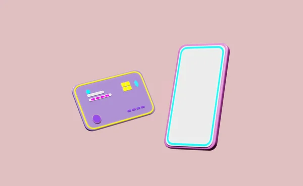 3D手机 智能手机浮动与信用卡图标隔离在粉色背景 网上银行 网上购物概念 模板最低现代 3D渲染说明 — 图库照片