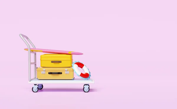 3d summer beach trip with airport trolley yellow suitcase, surfboard, lifebuoy isolated on pink background. summer travel concept, 3d render illustration