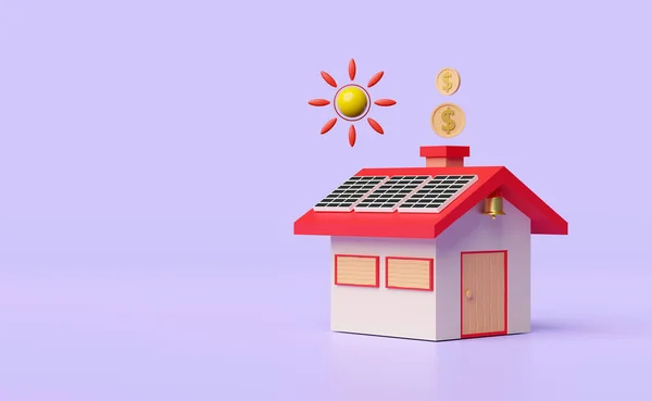 Rotes Modernes Haus Mit Sonnenkollektoren Photovoltaik Sonne Schwebemünzen Isoliert Auf — Stockfoto