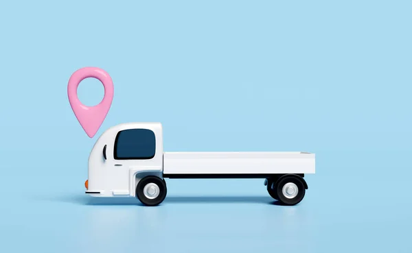 white delivery truck icon 3d with location pin, GPS navigator isolated blue background. business delivery, express service transport concept, 3d render illustration