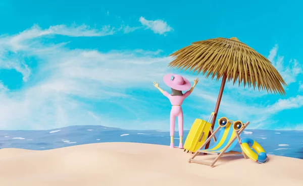 Charakter Karikatura Stojící Žena Letní Pláži Nebe Plážovým Křeslem Žlutý — Stock fotografie