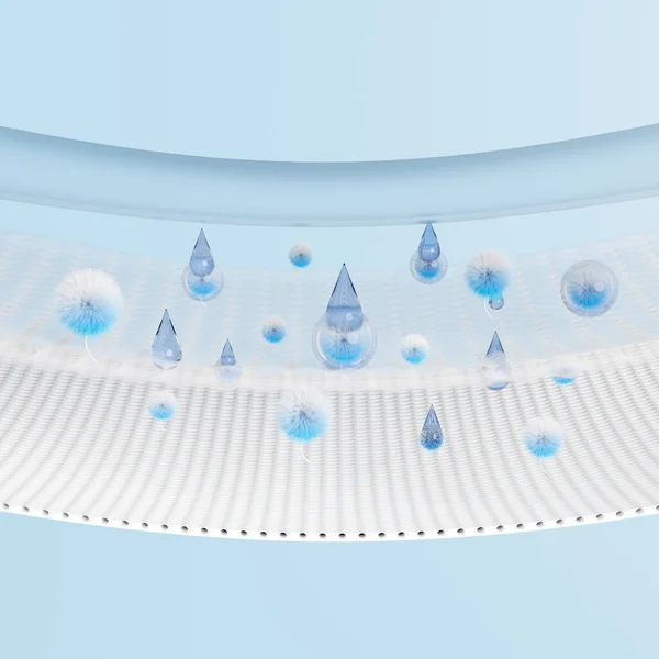 3d synthetic fiber hair absorbent layer with sanitary napkin, ventilate shows water droplets for diapers, baby diaper adult concept, 3d render illustration