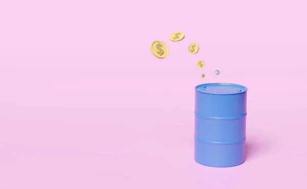 Blaues Ölfass Mit Geld Dollar Münzen Symbol Isoliert Auf Rosa — Stockfoto