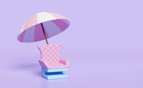 3D咖啡桌 带粉红色伞或阳伞 沙发椅子隔离紫色背景 3D渲染说明 — 图库照片