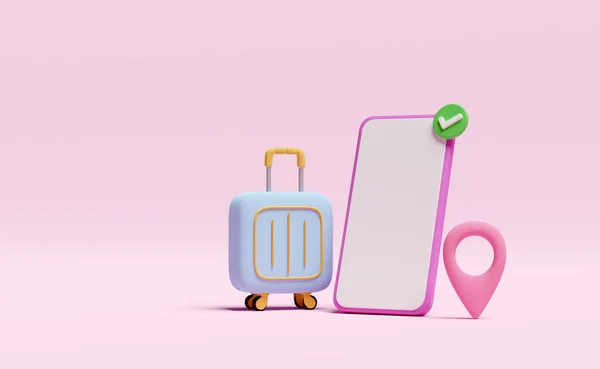 Walizka Telefonem Komórkowym Smartfonem Pinem Ikoną Znaków Kontrolnych Odizolowana Różowym — Zdjęcie stockowe