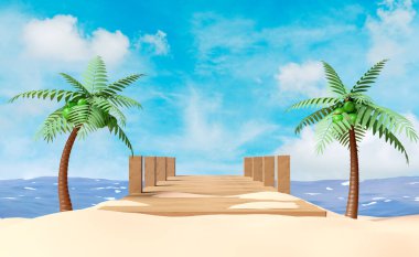 Parlak bir günde tahta köprüyle denize açılan 3 boyutlu yaz yolculuğu, palmiye ağacı, deniz plajı, mavi gökyüzü manzarası. 3d resimleme