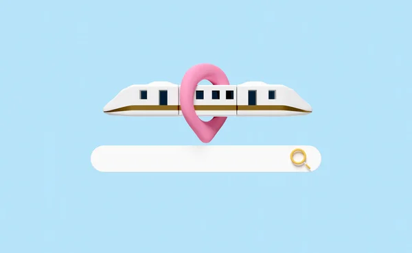 search bar blank and magnifying glass cartoon with sky train transport toy 3d, pin, summer travel service, planning traveler's tourism train isolated on blue background. 3d render illustration