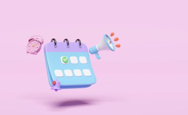 Saatli 3D takvim, işaretli simgeler, işaretli tarih, bildirim zili, megafon, pembe arka planda el hoparlörü. program randevusu duyurusu, randevu tarihi, 3D resimleme