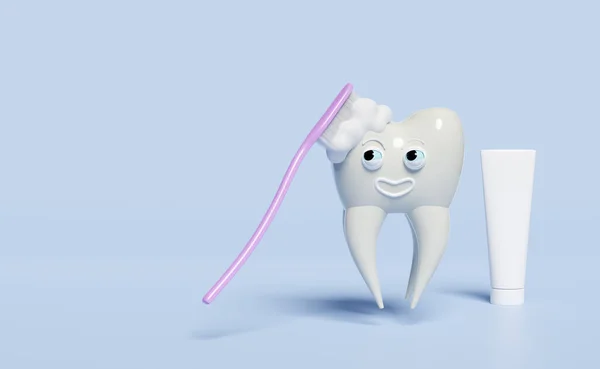 3d dental molar teeth model icon with toothbrush, toothpaste tube, face, bubble isolated on blue background. dental examination of the dentist, health of white teeth, oral care 3d render illustration