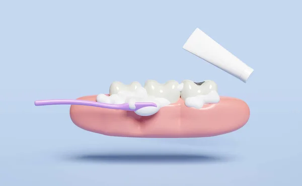 歯ブラシ 歯磨き粉チューブ 泡が青の背景に隔離された3D歯科用モル歯モデルのアイコン 歯医者の歯科検査白い歯の健康口腔ケア3Dレンダリングイラスト — ストック写真