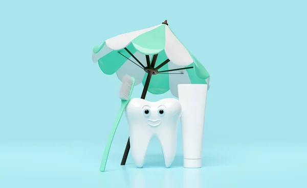 3d dental molar teeth model icon with toothbrush, toothpaste tube, umbrella isolated on green background. tooth decay prevention, health of white teeth, oral care, 3d render illustration