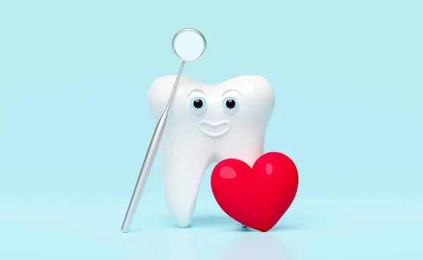 Dente Molar Dental Modelo Ícone Com Espelho Dentista Coração Vermelho — Fotografia de Stock
